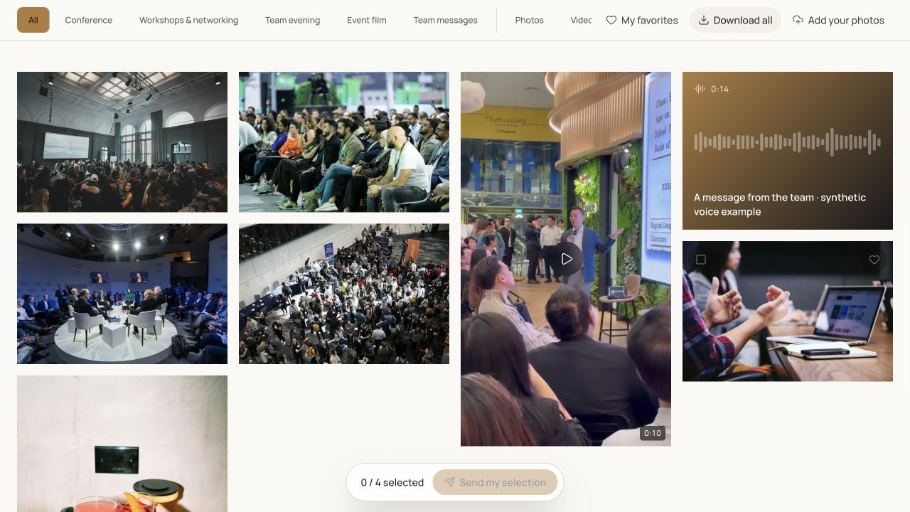 Screenshot of the business demo gallery: conference, networking, video and an audio message from the team.