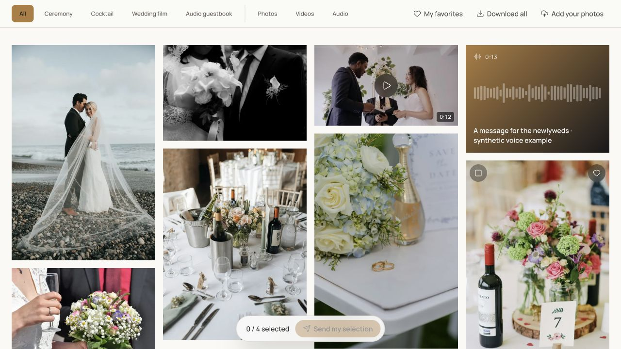 Screenshot of the wedding demo gallery: photos, a ceremony film and an audio guestbook.