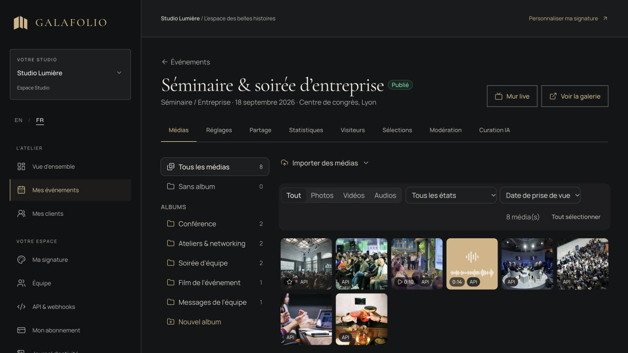Capture réelle du studio Galafolio : gestion des médias, albums, réglages et partage d'un événement de démonstration.